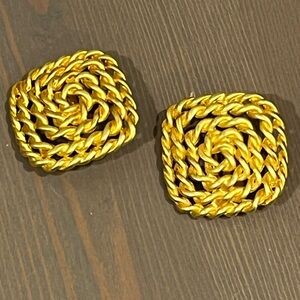 Vintage Clip Earrings Big Squares Twisted Rope Matte Gold Tone Monet? 80s/90s
